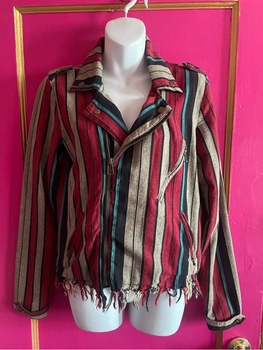 Hellz Bellz Striped Biker Jacket in Red, Black, blue & grey. Size small chest 36